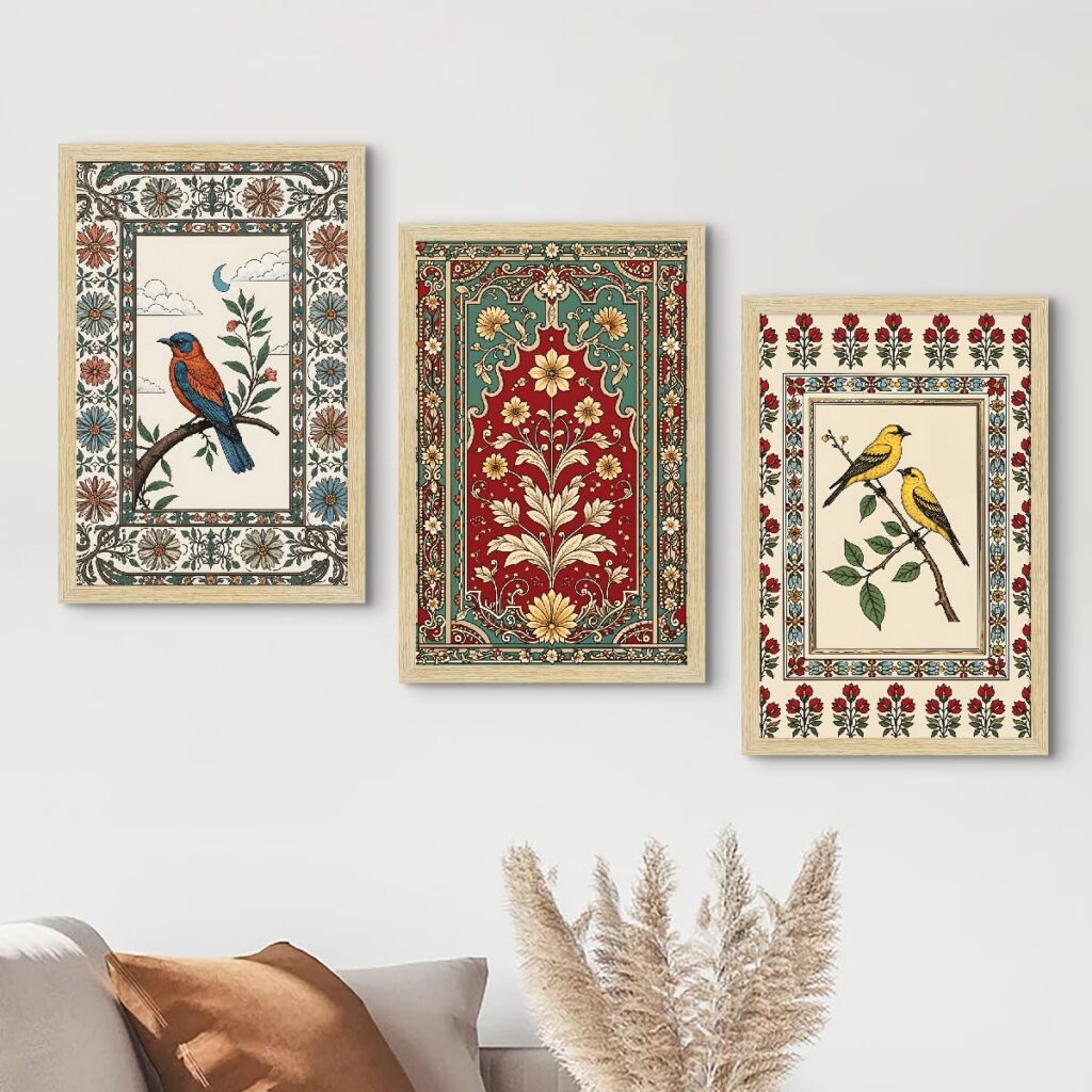 ArtX Paper Madhubani Paintings with Frame for Home Decor Wall Art, Wall Paintings for Living Room, Multicolor, Natural Wood Color Frames, 12.0x18.0 inch, Set of 3