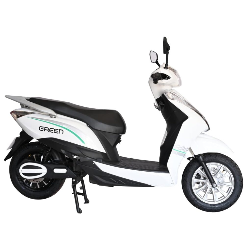 Green Elaan Low Speed Electric Scooter Non RTO 80 KM Range White with Portable Charger