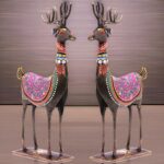 KRAFTSKALA Handpainted Iron Deer Showpiece Set of 2 Vibrantly Coloured Tabletop Liiving Room Office Home Decor Gift Item 10.5x4.5 inch (Deer Set)