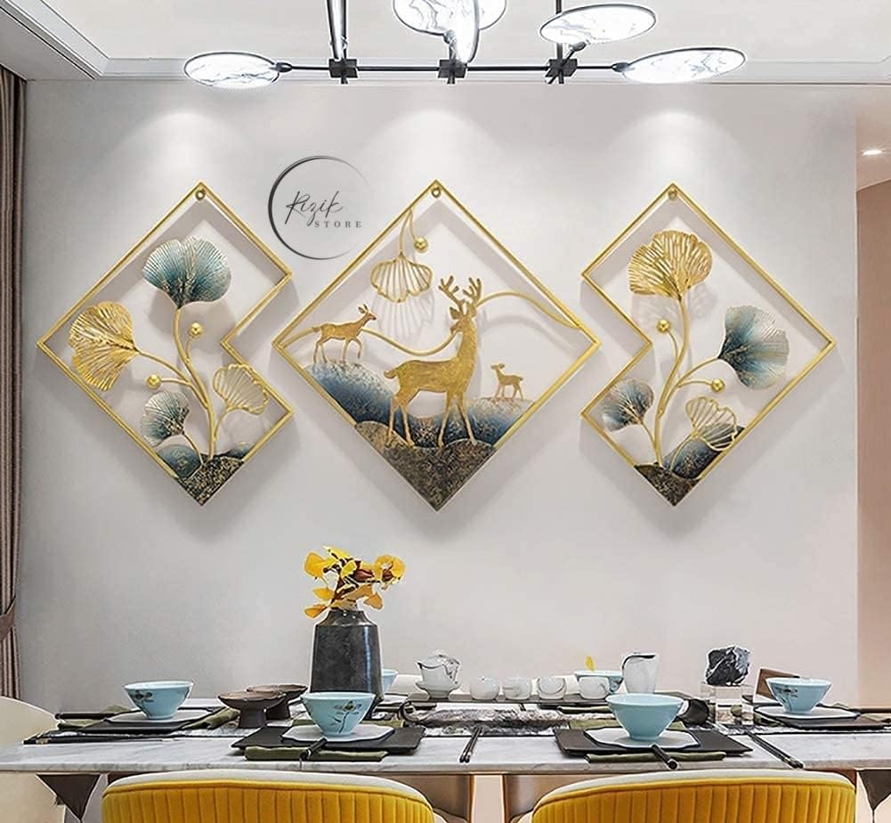 RIZIK STORE® Metal Abstract Figures handcrafted Wall Sculpture wall art multicolor for Home Decoration, Living room, drwaing room & Bedroom (PACK OF 3) WDD-NEW (DEER GOLD)