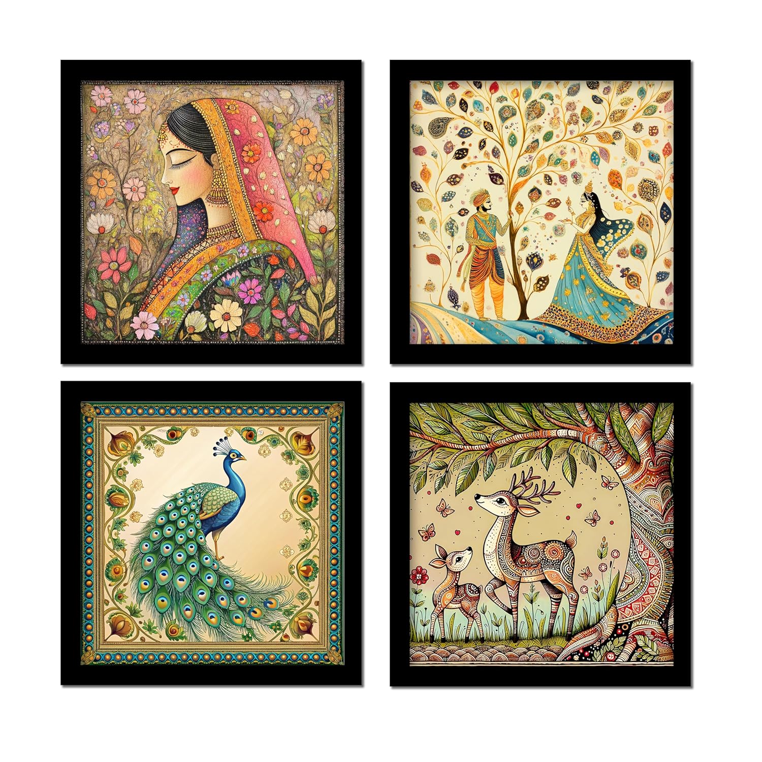 Rousrie Madhubani Art Framed Painting For Home, Living Room, Hall | Traditional Rajasthani Pichwai Art Paitnings With Frame For Home Decor (Set Of 4)