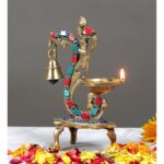 Two Moustaches Gemstone Work Ethnic Carved Peacock Design 100% Pure Brass Diya with Bell , Brass Antique Oil Lamp, Diyas for Home , Size - 8 Inches , Standard , Pack of 1