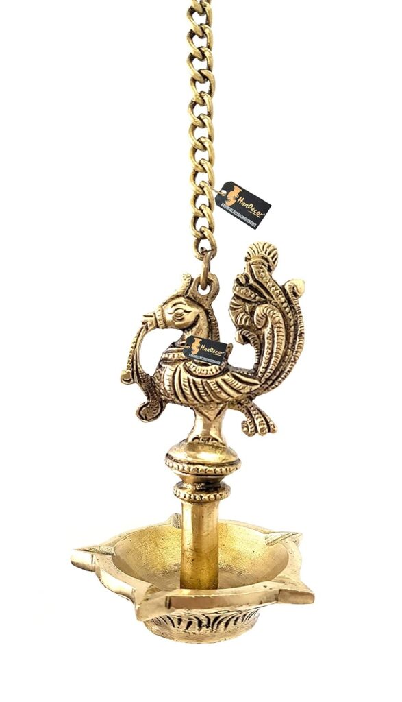 Two Moustaches Handmade Ethnic Peacock Design 5 Oil Wick Brass Hanging Diya, Brass Diyas for Decoration, Standard, Pack of 1