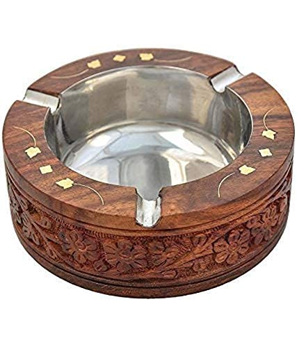 01 India Handmade Wooden Round Shaped Home and Office Ashtray for Cigar and Cigarettes 1pc (10x10X3 cm) Diwali Gift