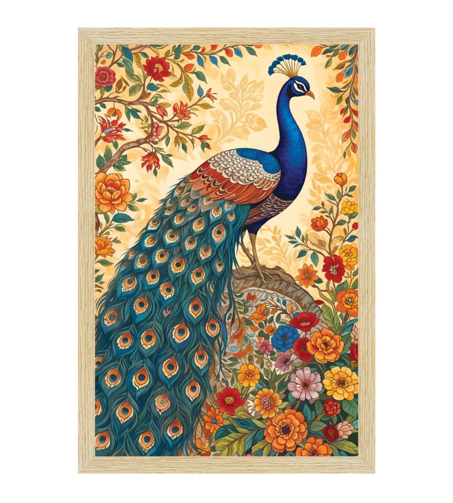 ArtX Paper Peacock Painting For Wall Vastu with Frame for Home Decoration, Madhubani Painting for Living Room, 12.0 X 18.0 inches, Set Of 1