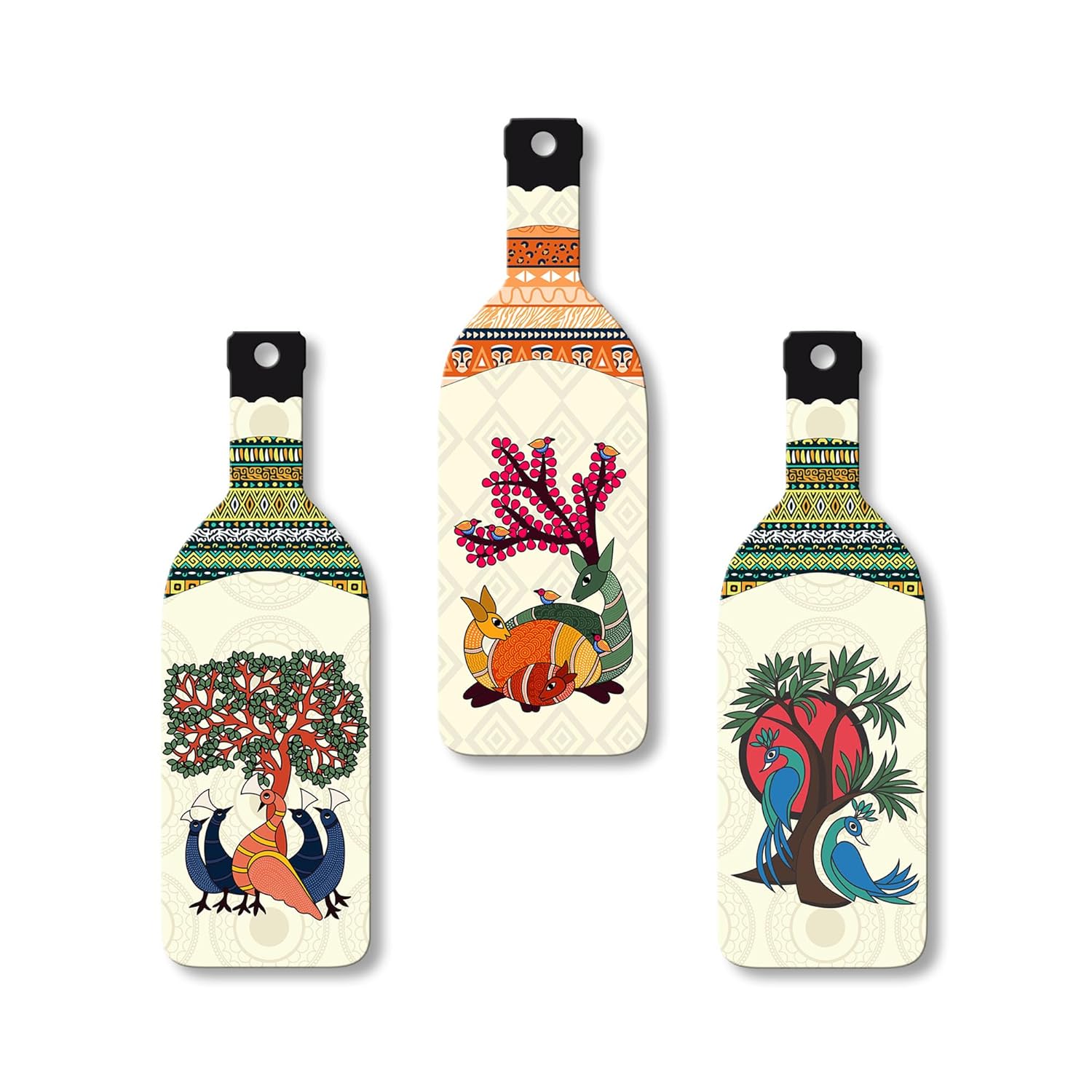 Artvibes Animals and Birds Madhubani Art Bottle shaped Wooden Wall Hanging | Living Room | Handcrafted Art | Wall Illustrations | Art Prints | Aesthetic Wall Art | Ideal Gifts (WH_9524N), Set of 3