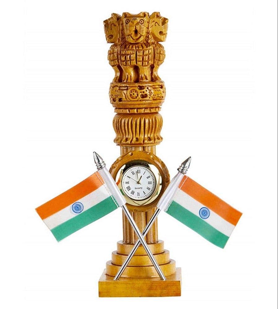 Ashoka Pillar Table Clock with Indian Flags 21.5 cm Wooden Desk Decor | National Emblem India Souvenir | Patriot Gift for Office, Home & Study Table