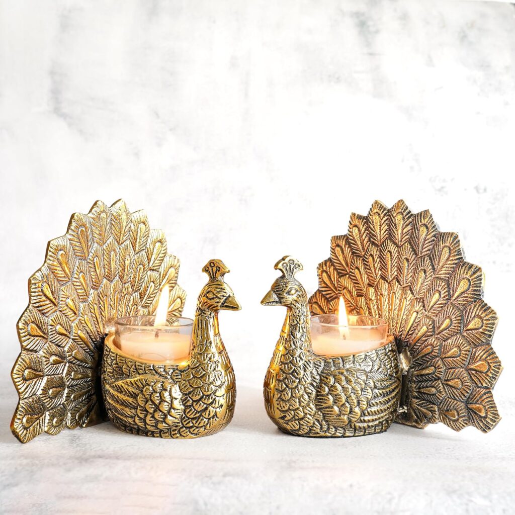 BEHOMA Aluminium Dancing Peacock Figurine Pair for Love & Good Luck | Home Décor Tabletop Showpiece with Scented Votive Candles | Valentine, Anniversary & Wedding Gift for Couples | Set of 2, Gold