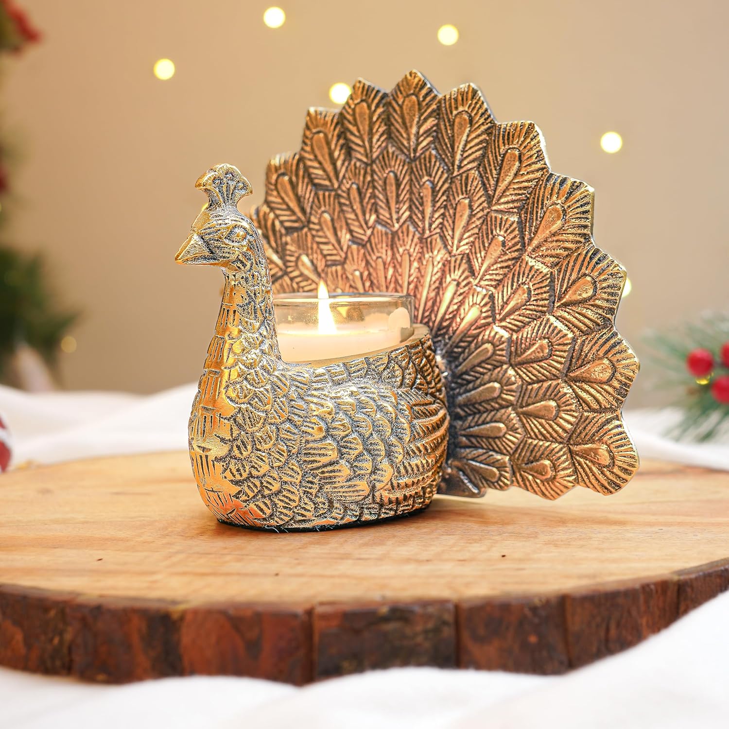 BEHOMA Metal Gold Dancing Peacock for Home Décor | Valentine’s Day, Birthday, Wedding Anniversary Romantic Gift for Women | Good Luck & Love Showpiece with Scented Glass Votive Candle (Golden,18.5cm)