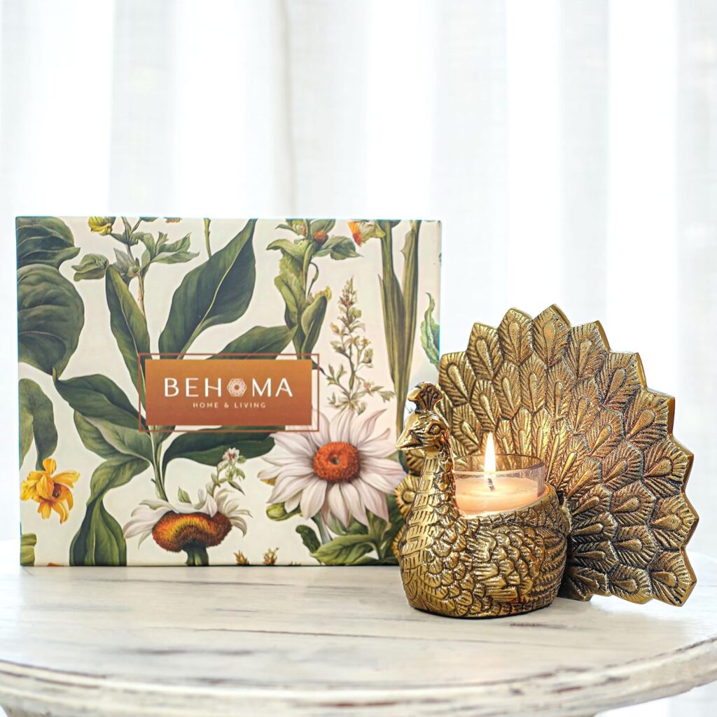 BEHOMA Metal Peacock Candle & Holder Gift Hamper | Romantic Home Décor for Valentine’s Day, Anniversary & Wedding | Love & Couples Gift | Metal Peacock, Scented Votive Candle & Premium Gift Box, Gold