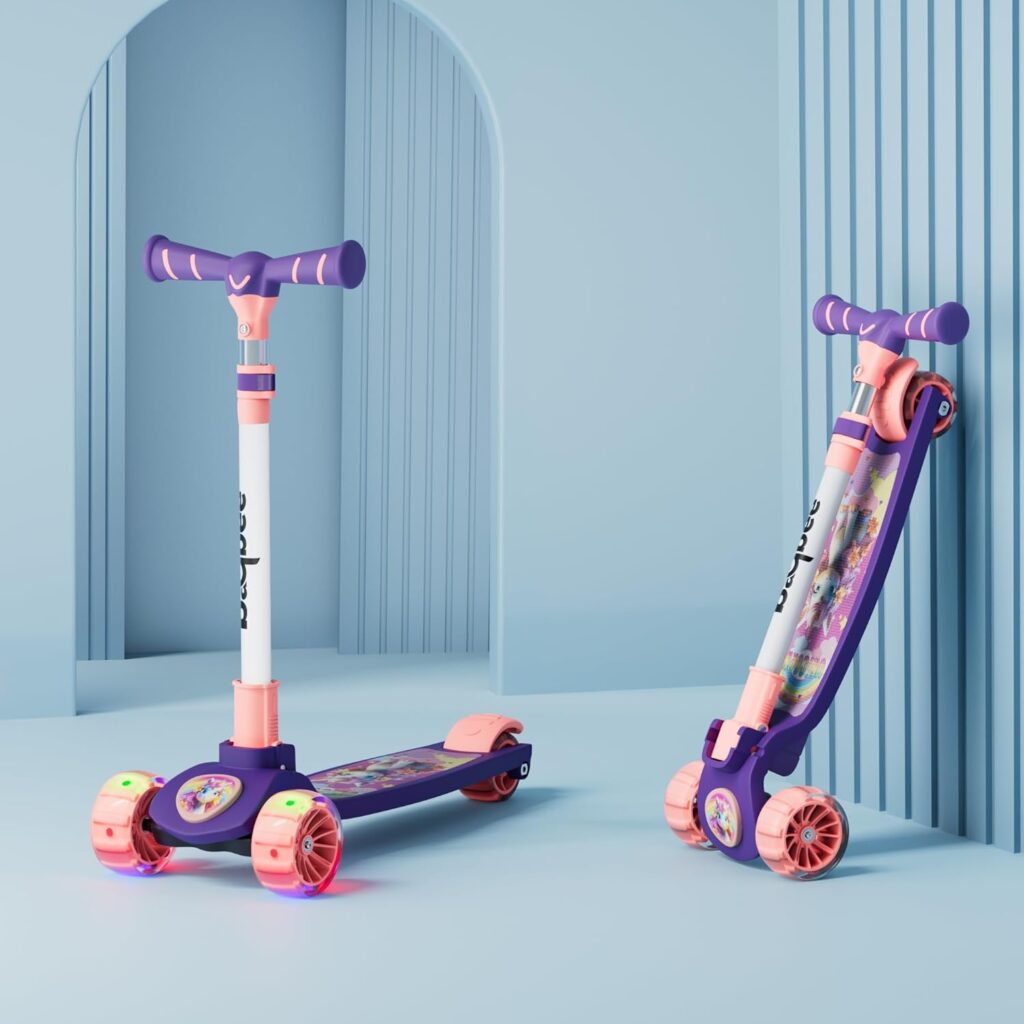 Baybee Kitty Kick Scooter for Kids | Foldable 3 Wheel Kid Scooter with 4 Height Adjustable Handle & Brake | Skate Scooters with LED PU Wheels, Runner Scooters for Kids 3 to 10 Years Boy Girl (Purple)