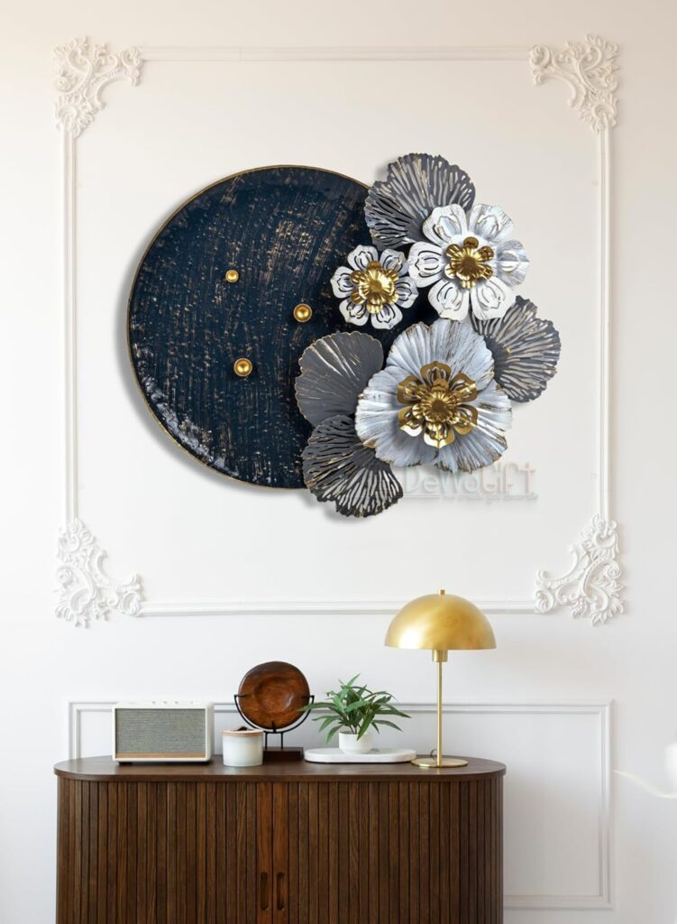 DeWoGift Metal Wall Decor – Floral Disc Wall Art Sculpture | Modern Hanging Decoration for Living Room, Bedroom, Dining Room & Office – 24 x 25 Inches