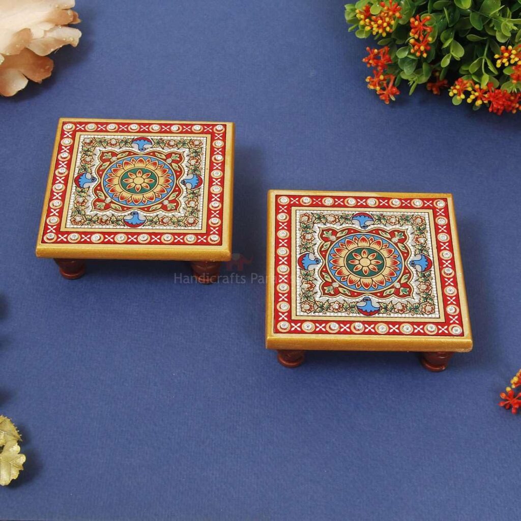 Handicrafts Paradise (4 x 4 inch, Set of 2Pc) Intricate Floral Painted Marble Chowki (Multicolour) Idols Statues Pratima, Bajot for God, Home Mandir, Home Décor Showpiece