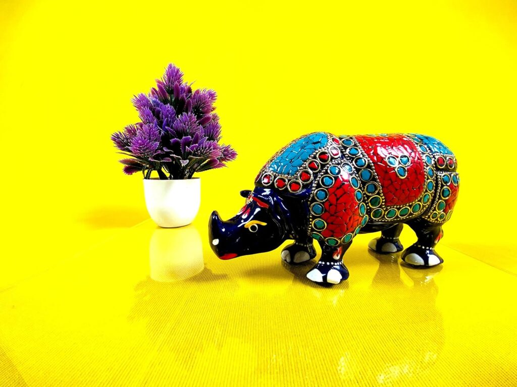 Home Decor Handcrafted Figurine - Metal Rhino (Blue- Multicolor) Stone Work and Hand Painting (Jaipur) Rajasthan Handicrafts