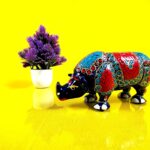 Home Decor Handcrafted Figurine - Metal Rhino (Blue- Multicolor) Stone Work and Hand Painting (Jaipur) Rajasthan Handicrafts
