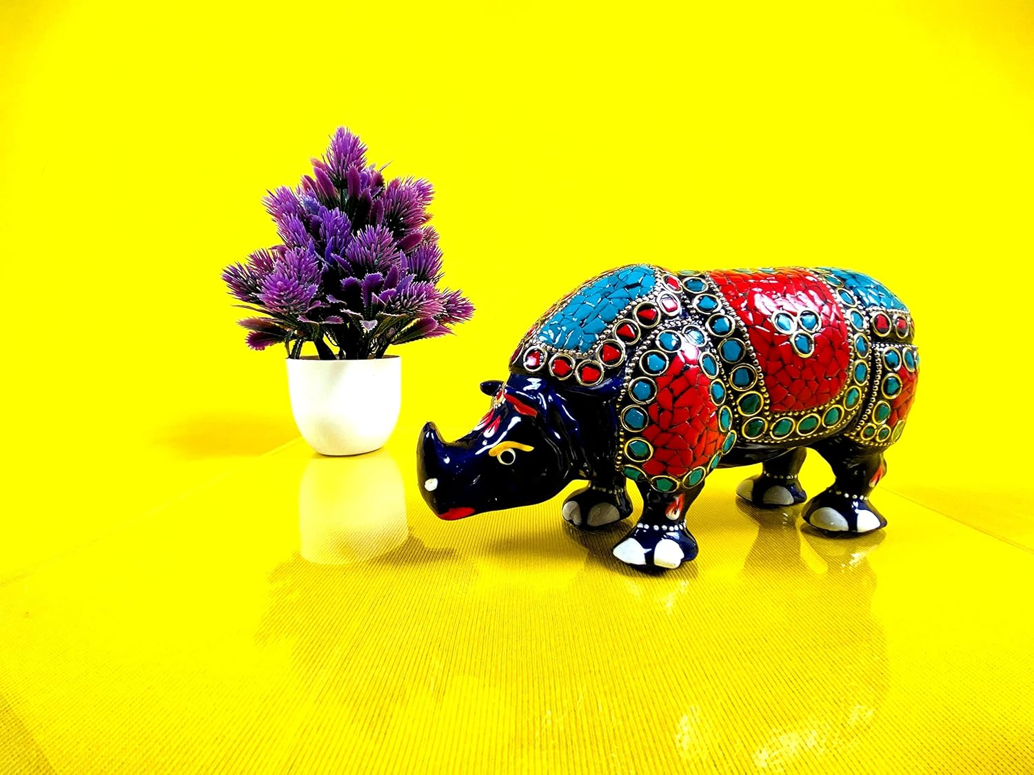 Home Decor Handcrafted Figurine - Metal Rhino (Blue- Multicolor) Stone Work and Hand Painting (Jaipur) Rajasthan Handicrafts