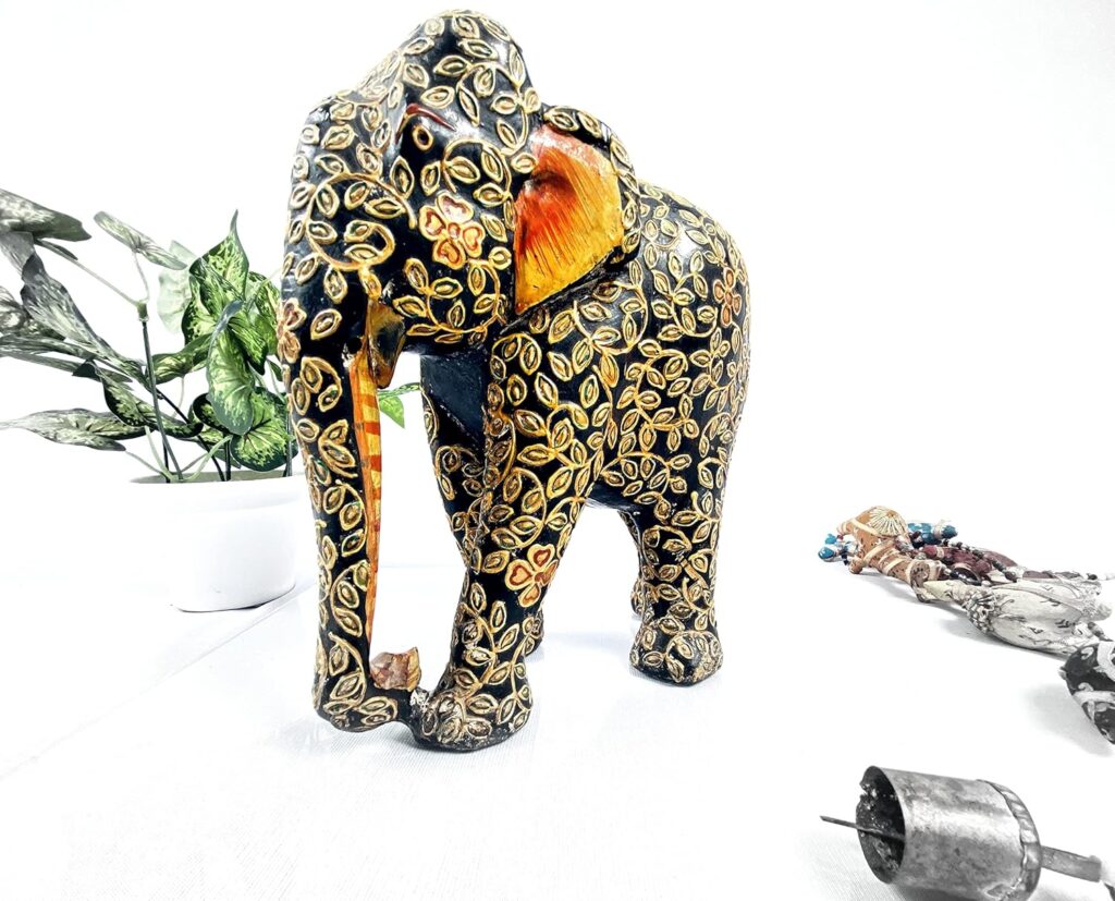 Home Decor Handcrafted Figurine - Wooden Elephant (Black- Multicolor) Emboss Painting - Jaal Pattern - (Jaipur) Rajasthan Handicrafts