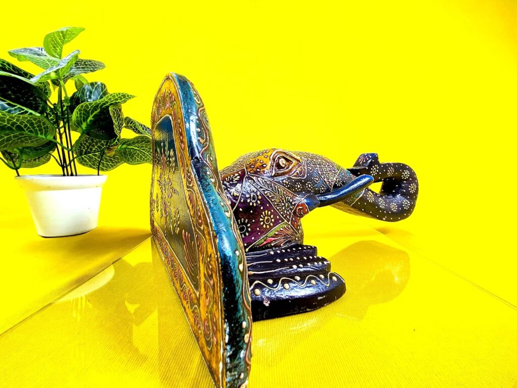 INDIA OF HANDICRAFTS - Home Decor Handcrafted Wall Dcor - Wooden Elephant Head Figurine Wall Table (Multicolor) Emboss Painting - (Jaipur) Rajasthan Handicrafts