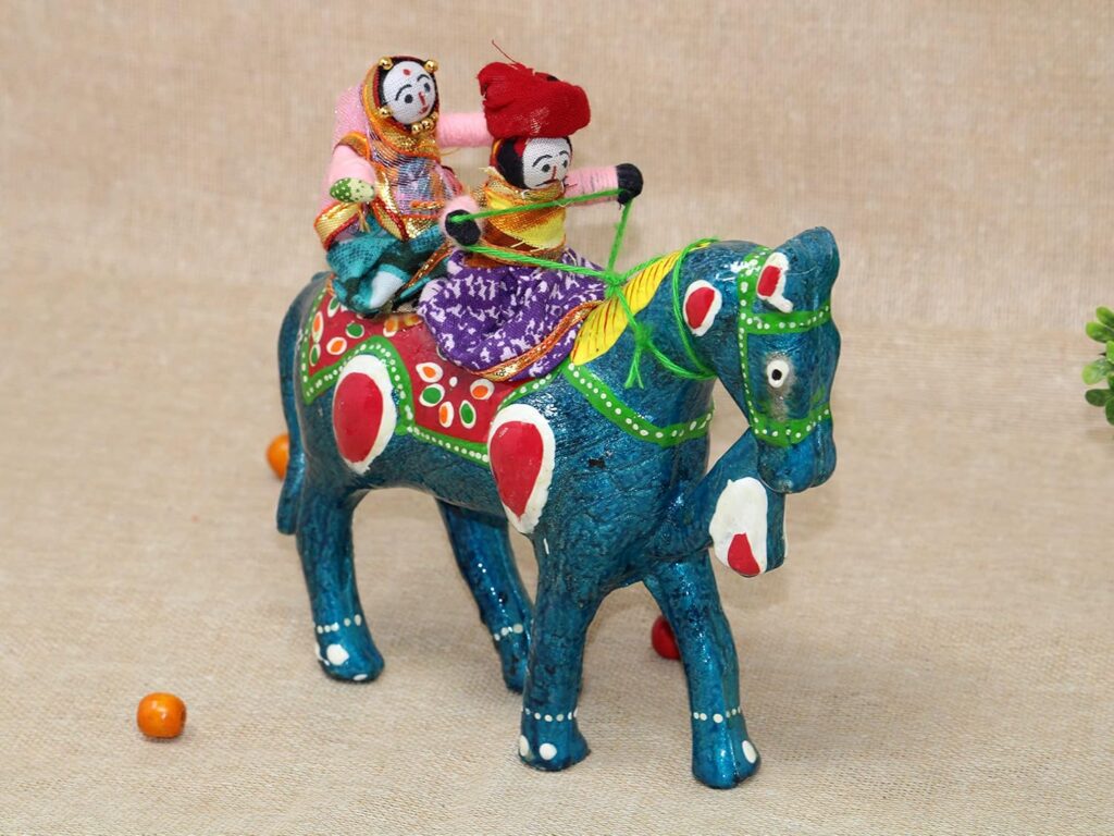 JH Gallery Handmade Recycled Material Figurines Rajasthani Doll Couple Rider Idol Showpiece, Multicolor (18 * 16 * 5cm) (Horse)