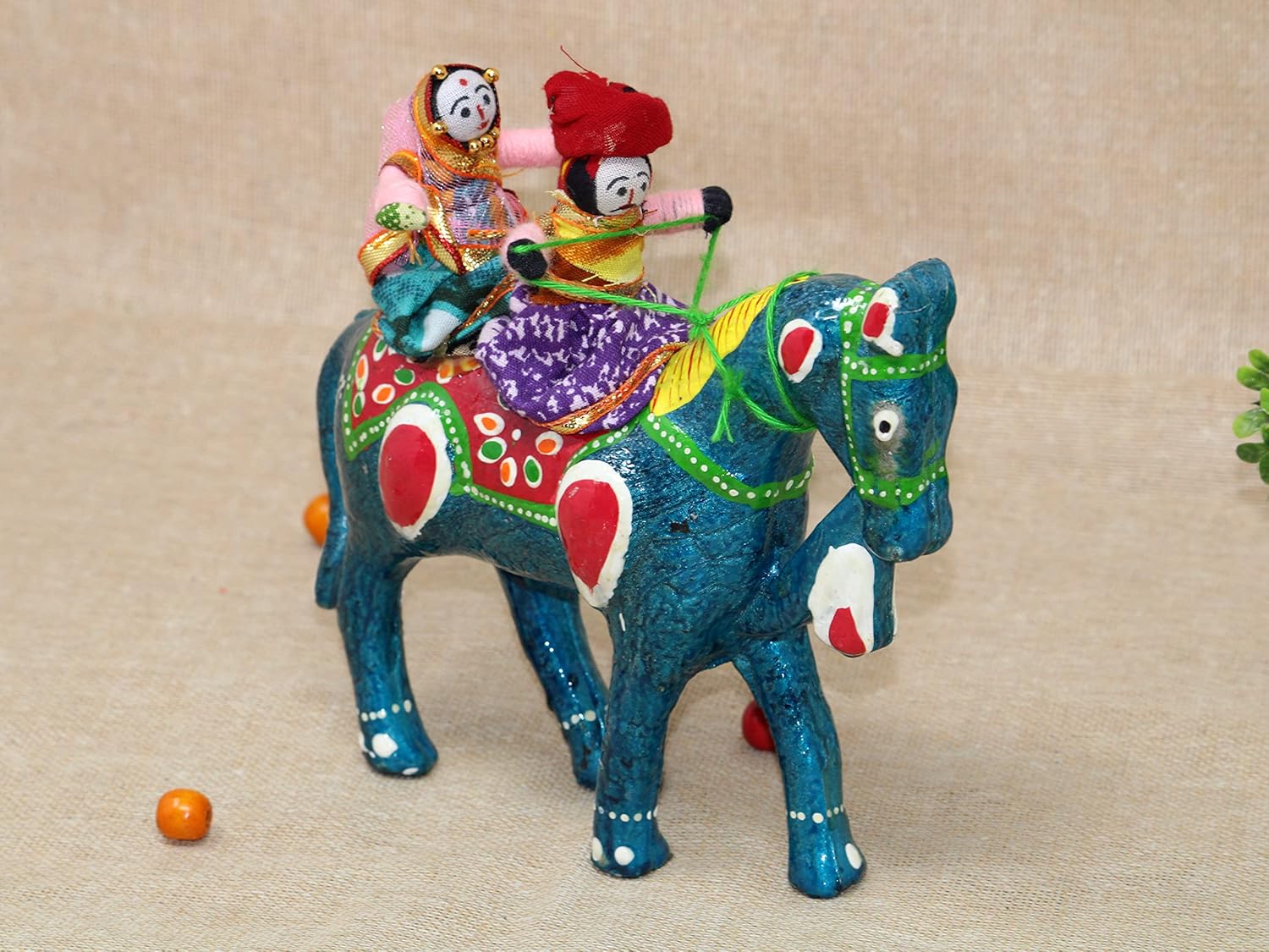 JH Gallery Handmade Recycled Material Figurines Rajasthani Doll Couple Rider Idol Showpiece, Multicolor (18 * 16 * 5cm) (Horse)