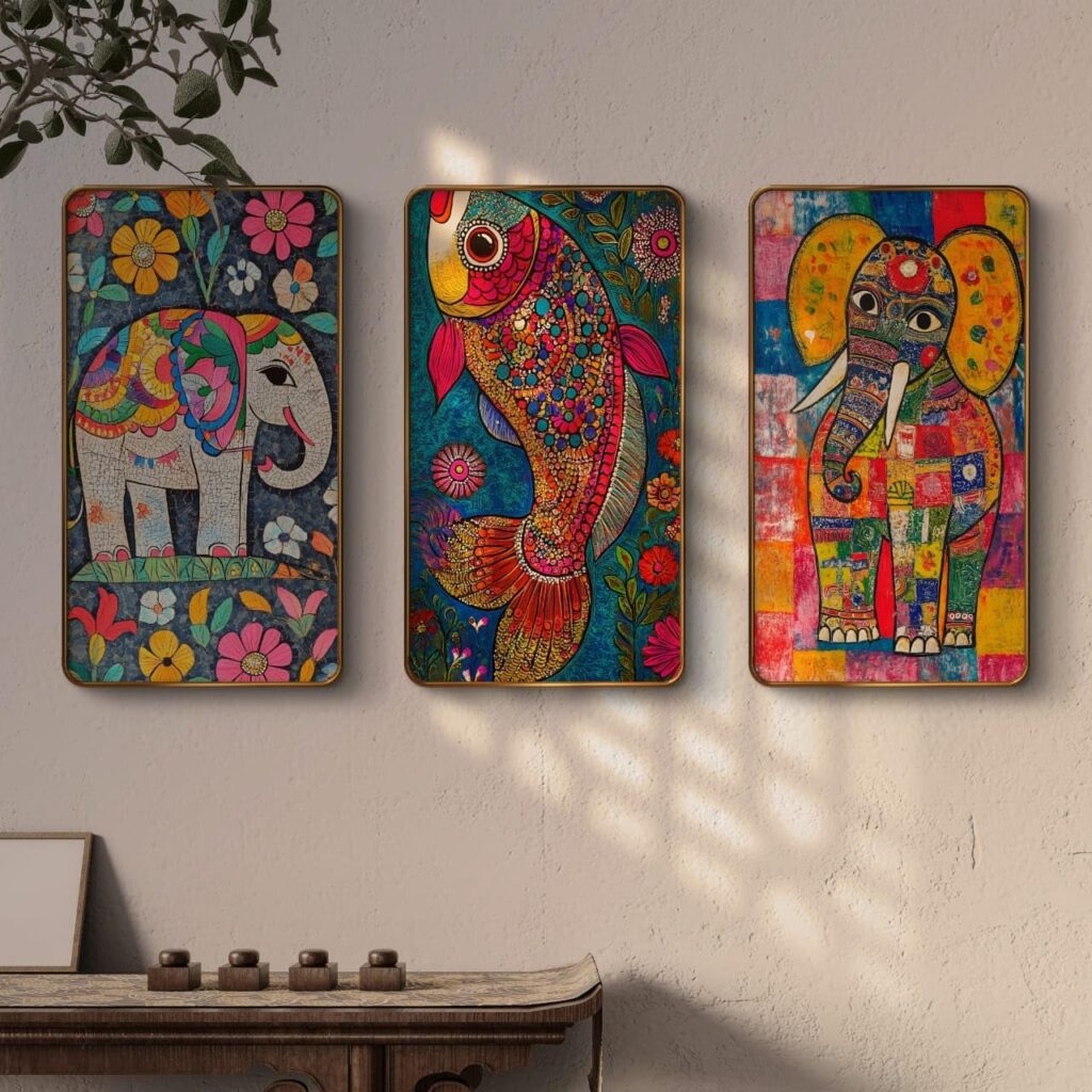 Livin'luxe Set of 3 modern art Madhubani painting Premium Golden Framed Wall paintings for living room, bedroom, home decoration, wall decoration 35 inch x 20 inch SG21