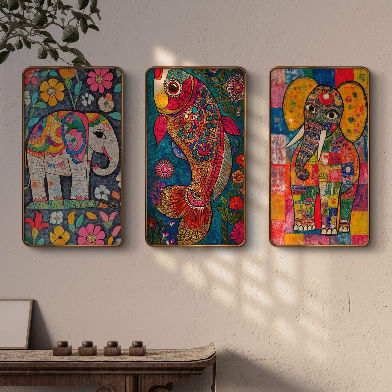 Livin'luxe Set of 3 modern art Madhubani painting Premium Golden Framed Wall paintings for living room, bedroom, home decoration, wall decoration 35 inch x 20 inch SG21