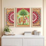 PAINTINGMANTRA Elephant and Flowers Madhubani Framed Wall Art Painting Home Décor Pack Of 3 | Digital Scenery Painting with Frame | Suits for Hallways, Living Room, Office Set Of 3 22x46 cm, 33x44 cm
