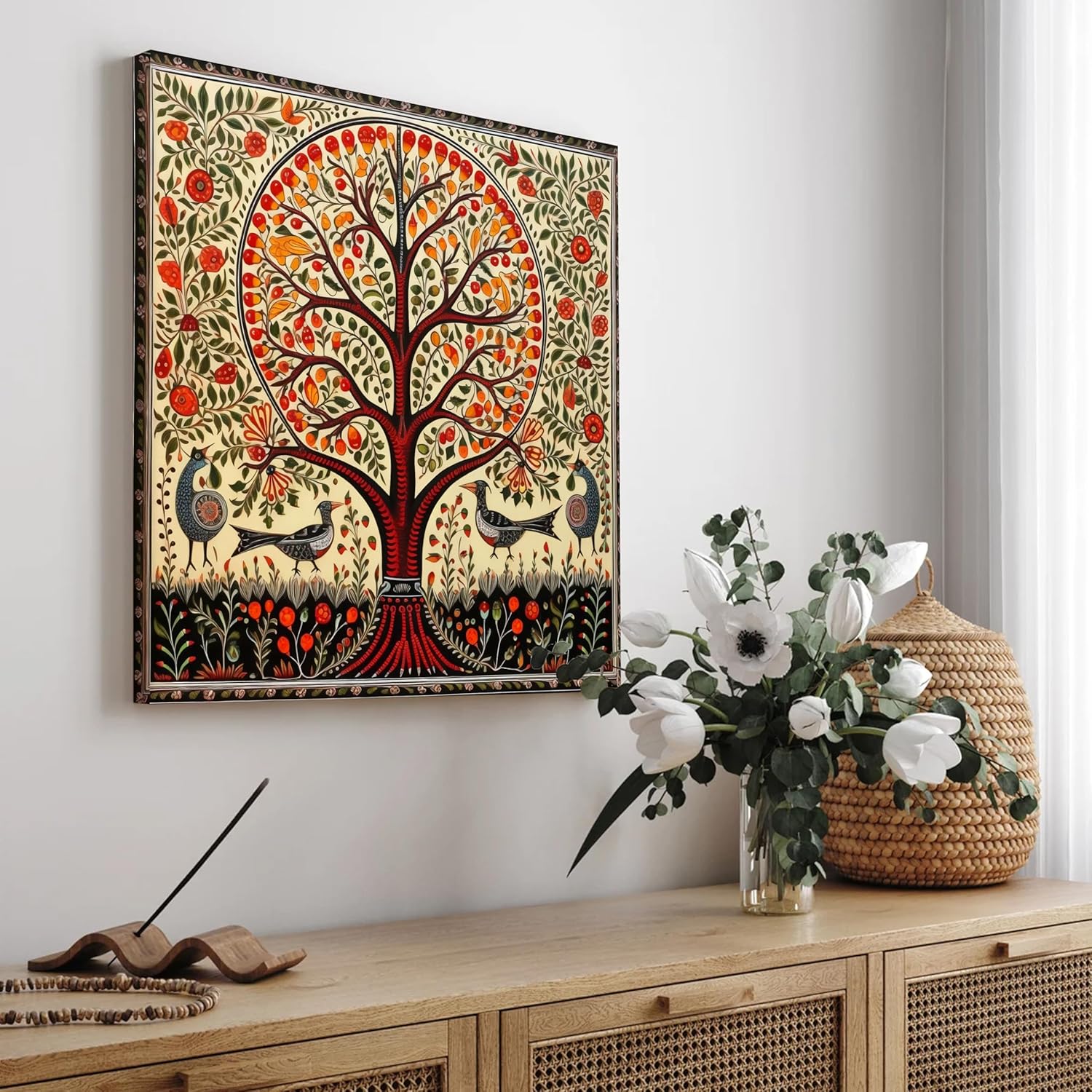 PAINTINGMANTRA Madhubani Art of Tree And Birds Wall Decor Print Multicolor | Canvas Painting Stretched on Wood | Suits For Living Room, Bedroom, Hallways (40x40 cm)