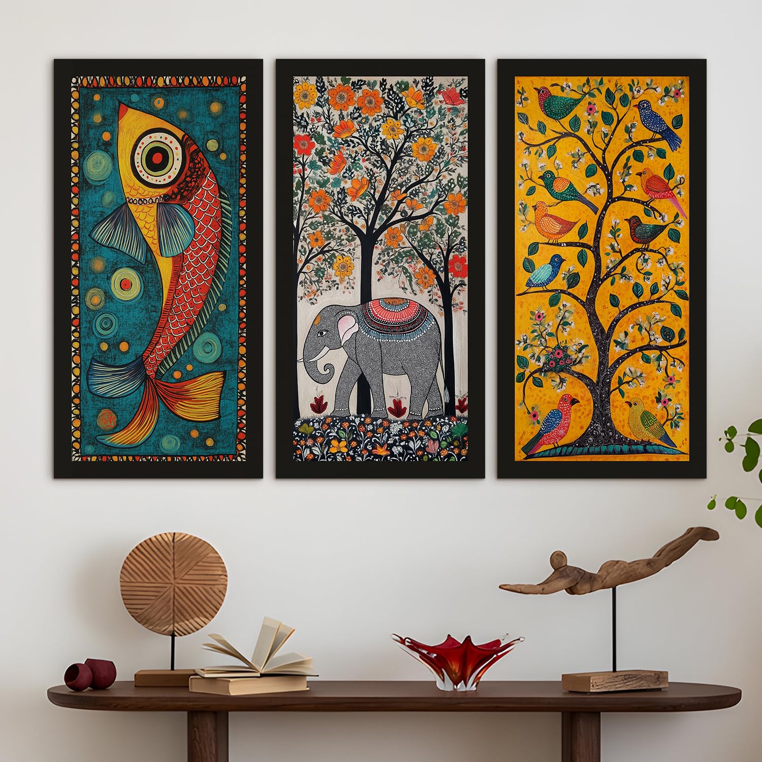 PAPER PLANE DESIGN Madhubani paintings for living room. Set of 3 canvas wrapped framed madhubani art for wall decor. 12 x 24 inch x 3 frames. (B)
