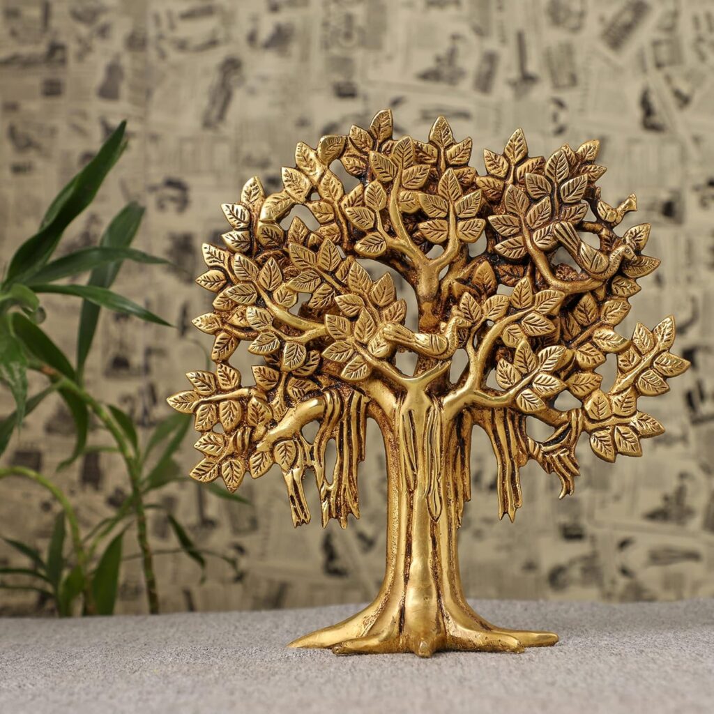 Pure Brass Kalpavriksha Tree Showpiece (9 inches, 1.25 Kg) Trees of Life - Home Decor - Gift for Good Luck Vastu and Fengshui - Best in Living Room Table Decoration with Antique Polish