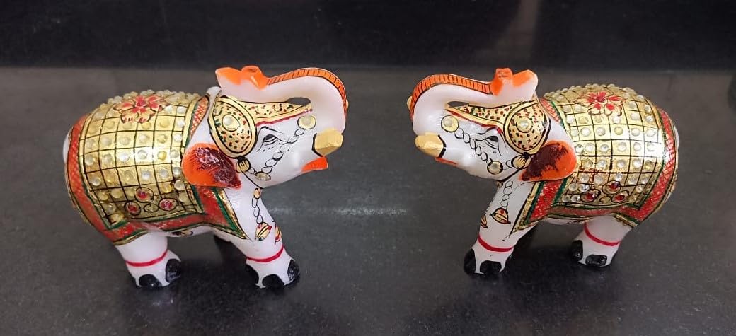 Rajasthan Art Big Size Marble Elephant Pair for Showpiece and Decoration (5 Inch) Set of 2