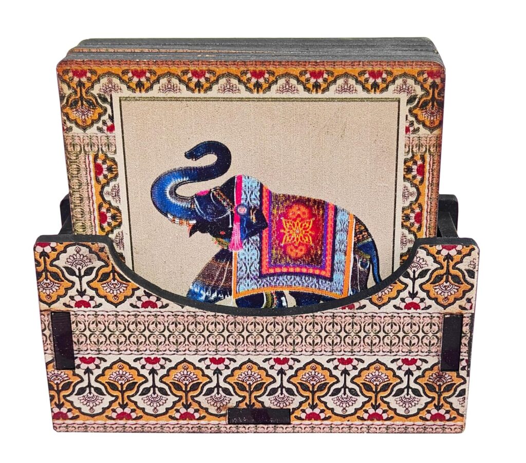 Rastogi Handicrafts Coaster Set of 6 Colorful India Theme Design Wooden Coasters to Serve Tea Cups, Coffee Mugs and Glasses (Blue Ele Coaster Set)