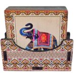 Rastogi Handicrafts Coaster Set of 6 Colorful India Theme Design Wooden Coasters to Serve Tea Cups, Coffee Mugs and Glasses (Blue Ele Coaster Set)