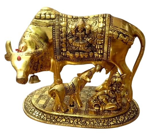 Shilp Mitraa Handicraft Kamdhenu Cow with Calf and Krishna Idol Showpiece in Brass Like Metal for Home Decor and Decorative