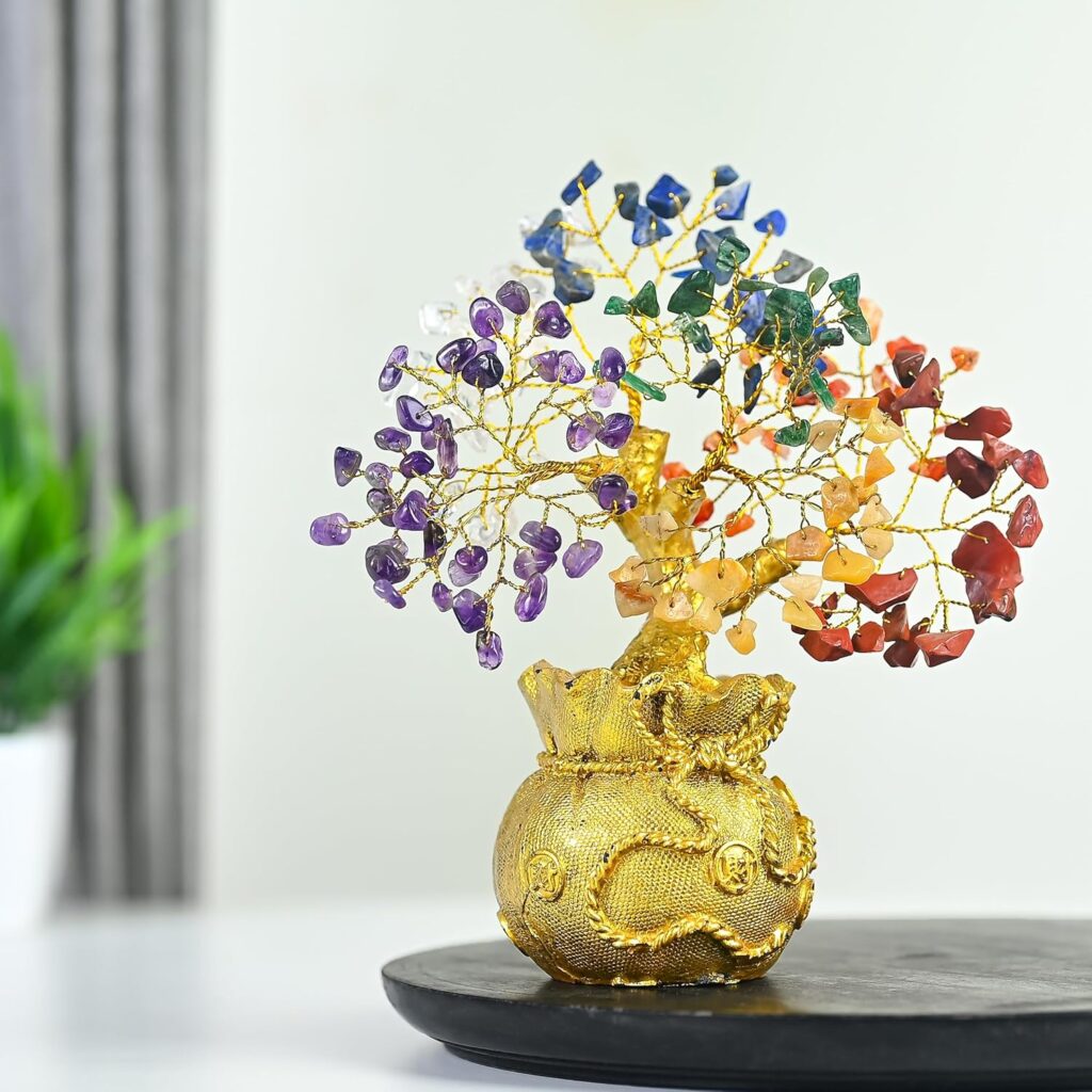 ZAICUS Lucky Feng Shui 7 Chakra Tree with Golden Money Bag Base – Natural Gemstone Decorative Bonsai Tree for Home & Office Décor, Good Luck Diwali Gift, Wealth & Prosperity Showpiece (7 X 3 Inch)