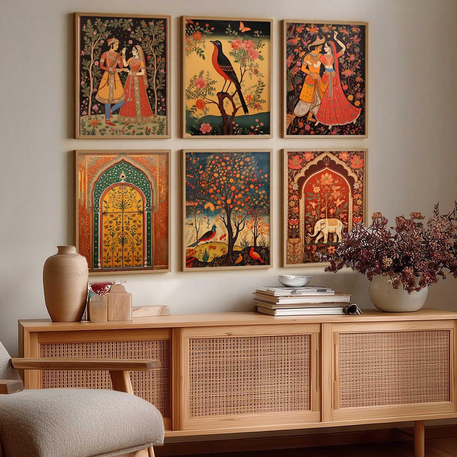 kotart Premium Digital Madhubani Paintings with Frame for Living Room Bedroom Office Room Decor - Pack of 6 (Art 1, 10x13 inch)