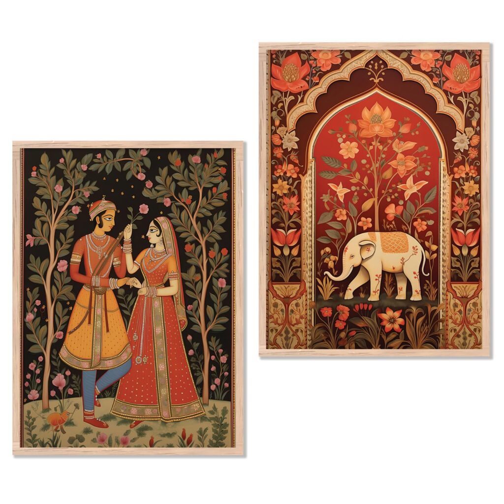 kotart Traditional Indian Wall Art Painting Set of 2 | Rajasthani Folk Couple & Elephant Floral Design | MDF Wooden Framed Wall Decor for Living Room, Bedroom & Home (Art 1, 10x13 inch)