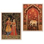 kotart Traditional Indian Wall Art Painting Set of 2 | Rajasthani Folk Couple & Elephant Floral Design | MDF Wooden Framed Wall Decor for Living Room, Bedroom & Home (Art 1, 10x13 inch)