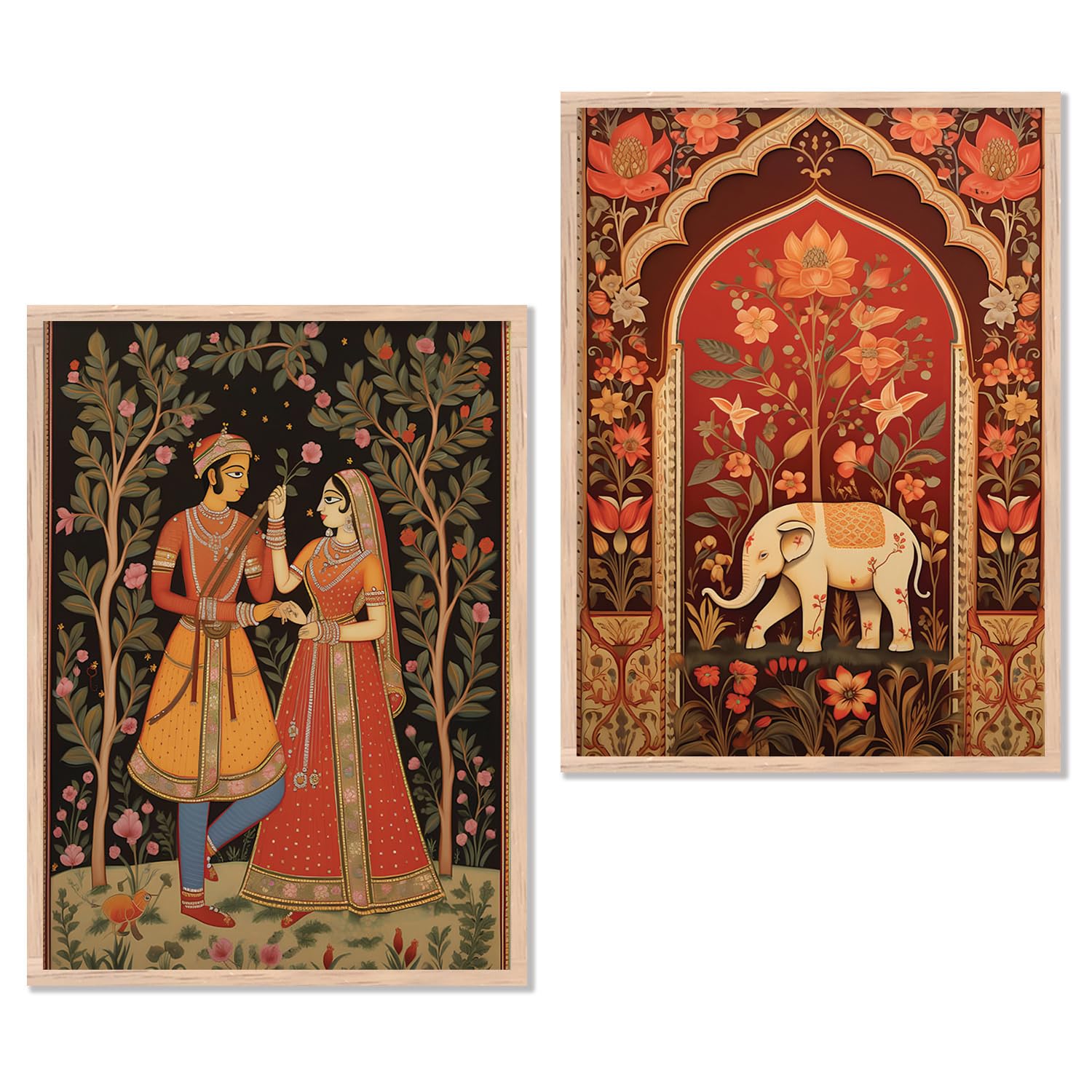 kotart Traditional Indian Wall Art Painting Set of 2 | Rajasthani Folk Couple & Elephant Floral Design | MDF Wooden Framed Wall Decor for Living Room, Bedroom & Home (Art 1, 10x13 inch)