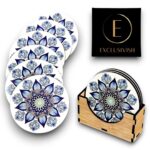 Blue Mandala Meditation Wooden Coaster Set of 6 with Holder – Dining Table Accessories | Indian Handicraft | Diwali Gifts for Family and Friends