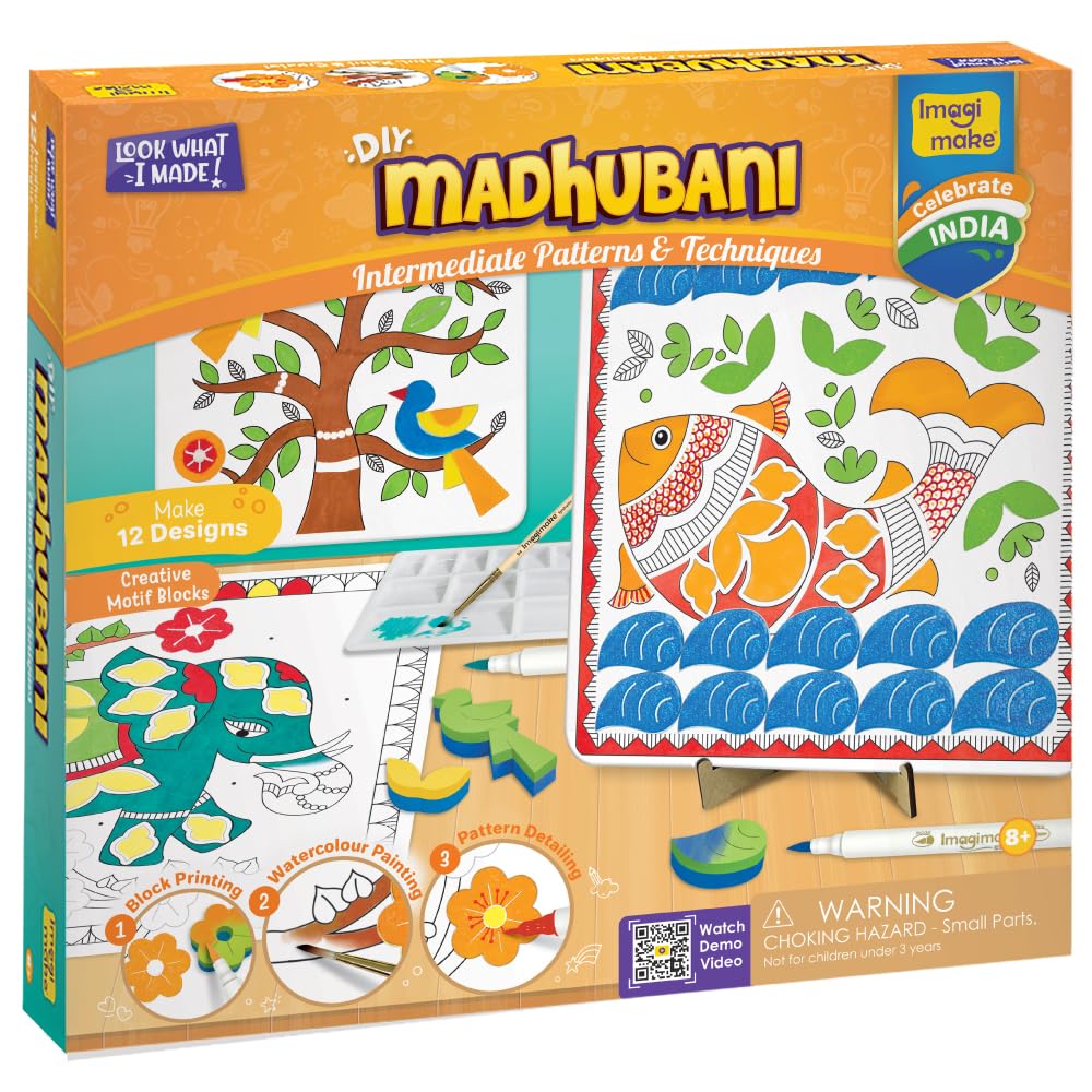 Imagimake DIY Madhubani Art Kit | Make 12 Paintings | Madhubani Painting & Colouring Kit Using Water Brush Pen & Stamps | Art & Craft Kit for Kids & Adults | Gift for Girls Age 8,9,10,11,12