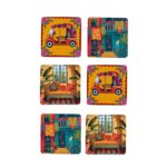 Indian Art Printed Coaster Set of 6 Beautiful Wooden Coasters with Plastic Coating Proper Coaster Stand Designer (taj-Coaster-auto-h)