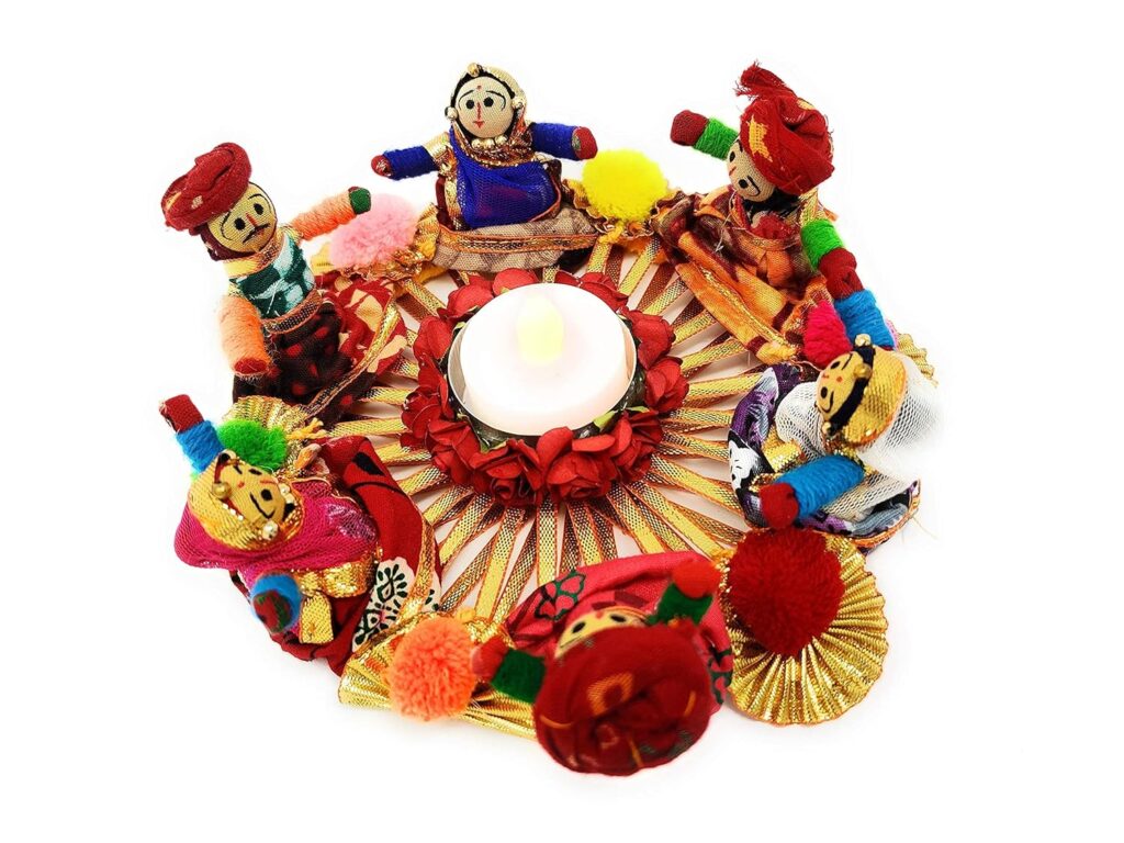 JH Gallery Handmade Recycled Material Rajasthani Dolls Puppet Tealight Candle Holder for Home Decor, Pooja Room Decor, Diwali Decoration, Multicolor (13 cm x 13 cm 6.5 cm) (Pack of 1)