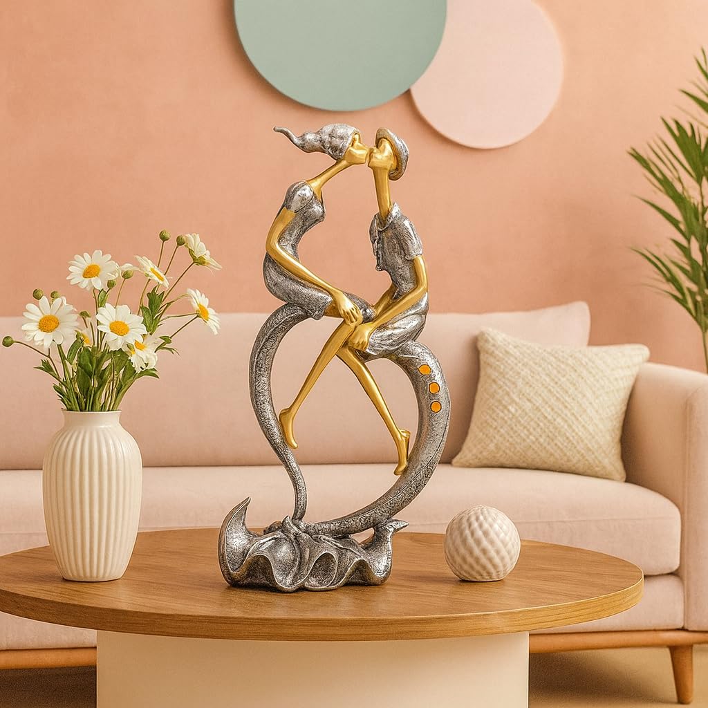 LIFEHAXTORE Resin Passionate Lover Kissing Couple Figurine Handicraft Resin | Beautiful Home Decor (Pack of 1,Silver and Gold)