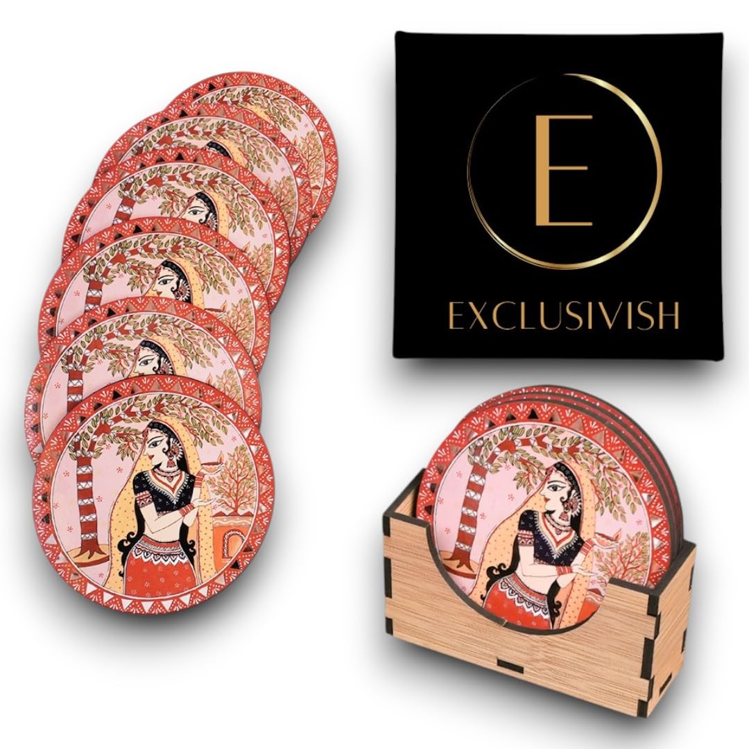 Madhubani Folk Woman Wooden Coaster Set of 6 with Holder & Box – Dining Table Accessories | Indian Handicraft | Diwali Gifts for Family and Friends