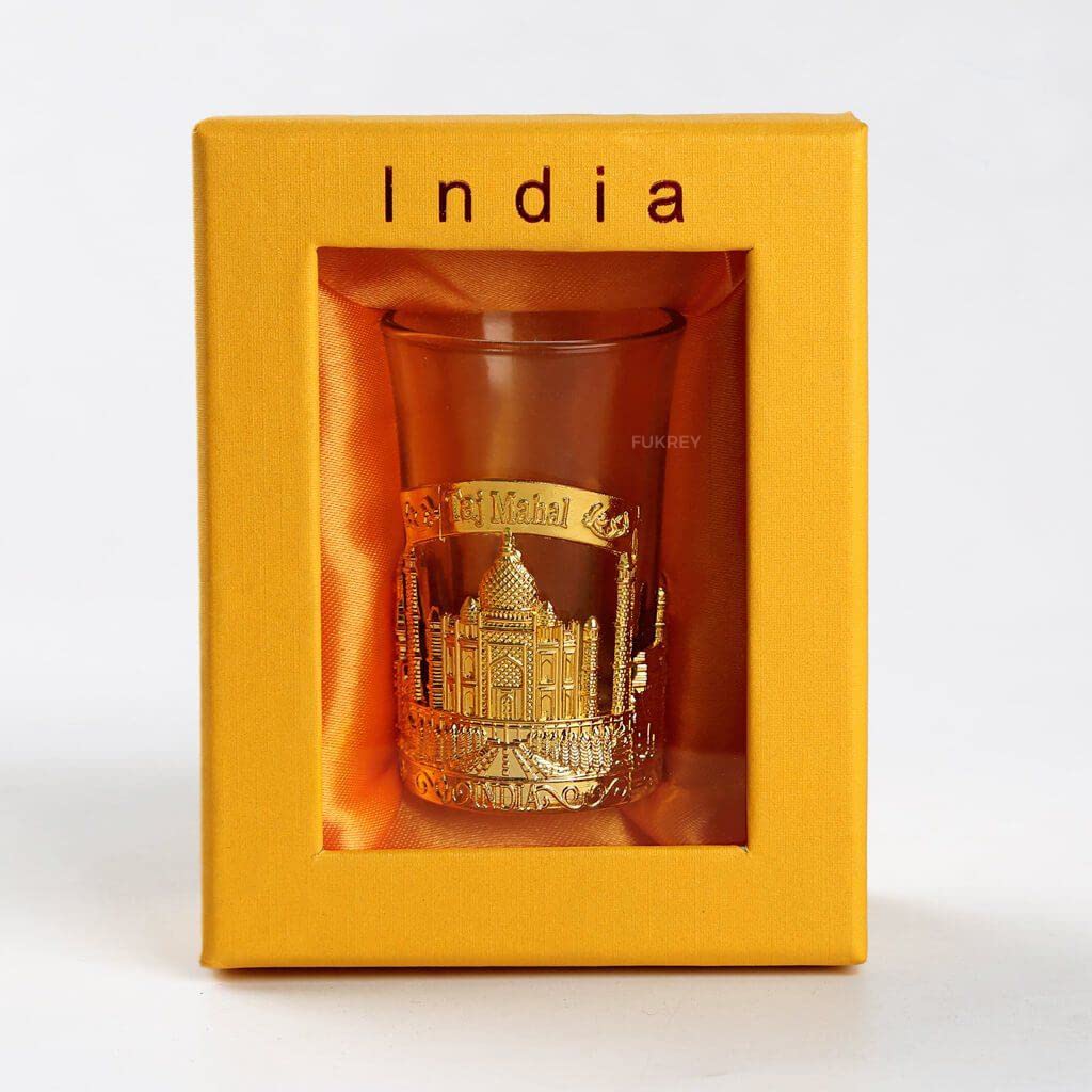 Metal Taj Mahal India Souvenir Shot Glass With Gift Box, Fine Indian Handicrafts (Set Of 1 (Gold Color)) - 50 Ml