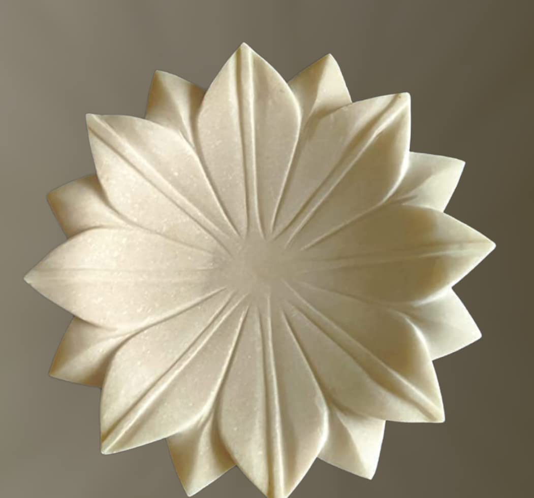 Rajasthan Art White Marble Stone Lotus Floral Bowl - 6 Inch, 1 Pc, White