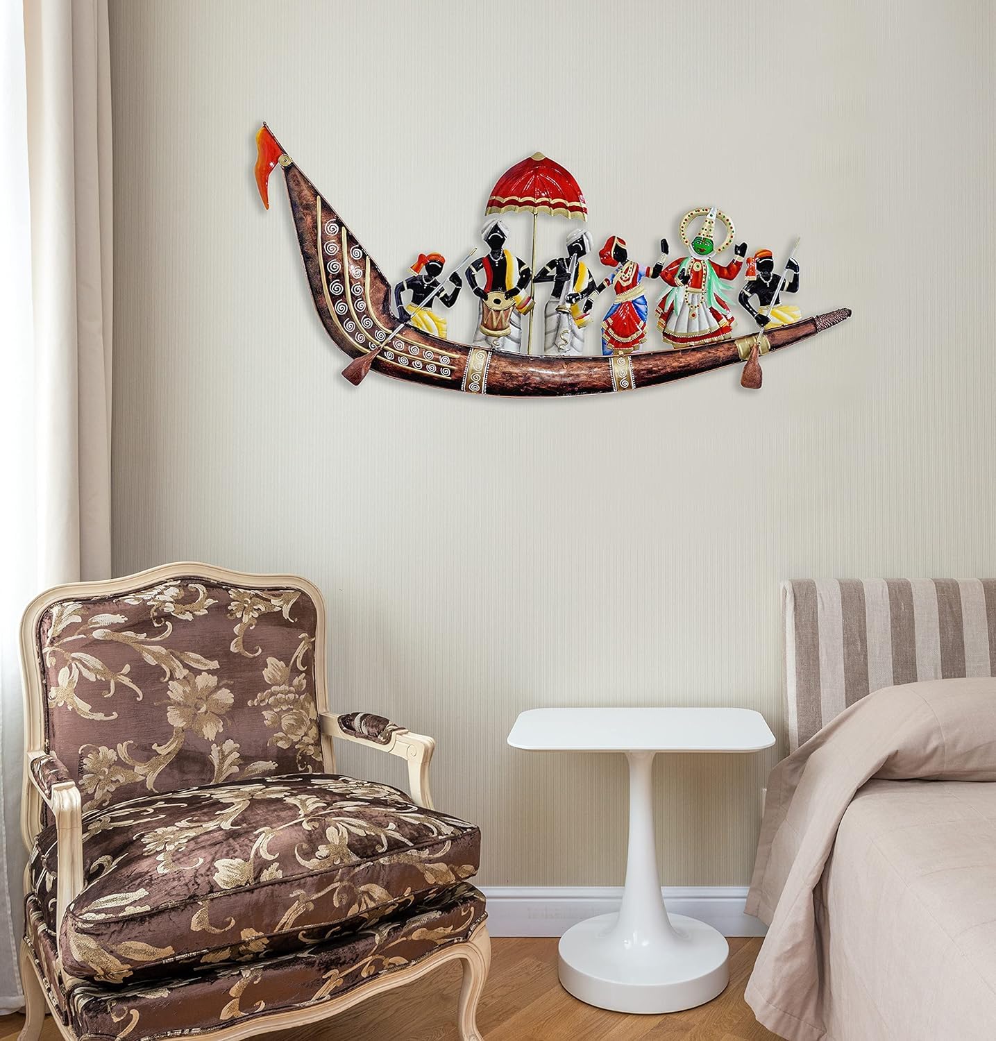 Vintage Metal Emboss Nature Handpainted Designer Large Ship Wall Hanging Showpiece Figurine - Rajasthani Gift for Home Decor (Musicians Dolls)