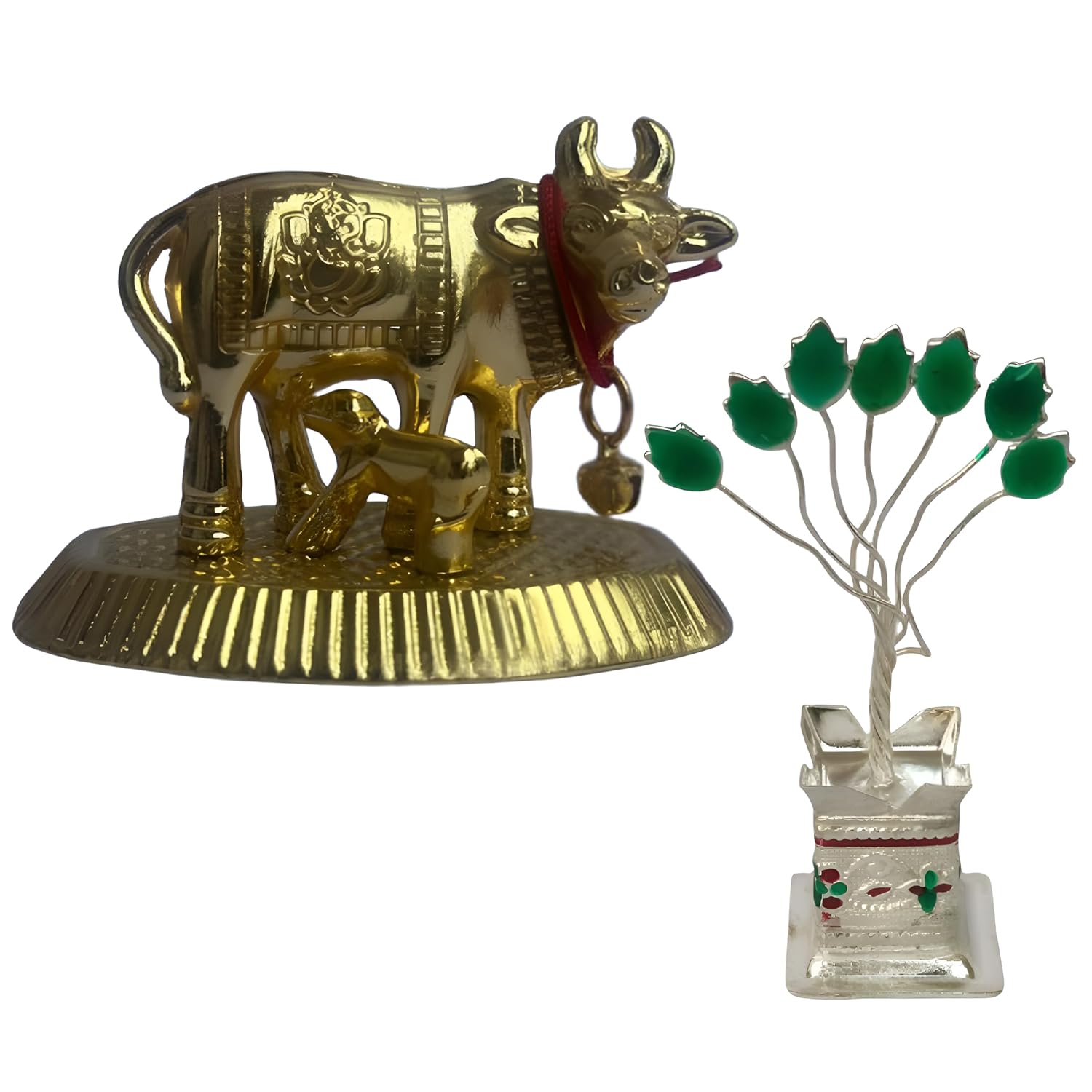 Sri Sisters Combo of Gold Color Kamdhenu Cow and Calf Idol with German Silver Tulsi Plant – 3x1 inch Pooja Decor Set for Home Temple, Vastu, Office Desk & Gifting (Gold)