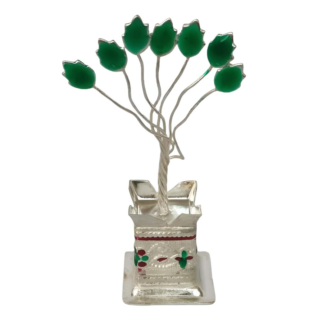 Sri Sisters German Silver Tulsi Plant for Pooja – Handcrafted Silver Plated Tulsi Tree for Worship, Vastu, Home Temple Decor, Car Dashboard & Wedding Return Gifts – 8x3cm (3x1 inch)